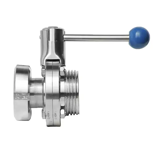 [30401200] Vanne à disque DN 40 avec écrou pivotant et bride à vis laitière Rd 65 x 1/6″, Matériau : AISI 316L, NBR